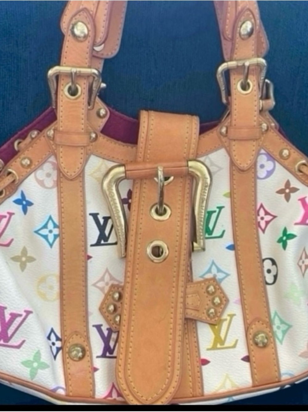 Louis Vuitton White Multicolor Monogram Theda Shoulder Bag with Tan Leather